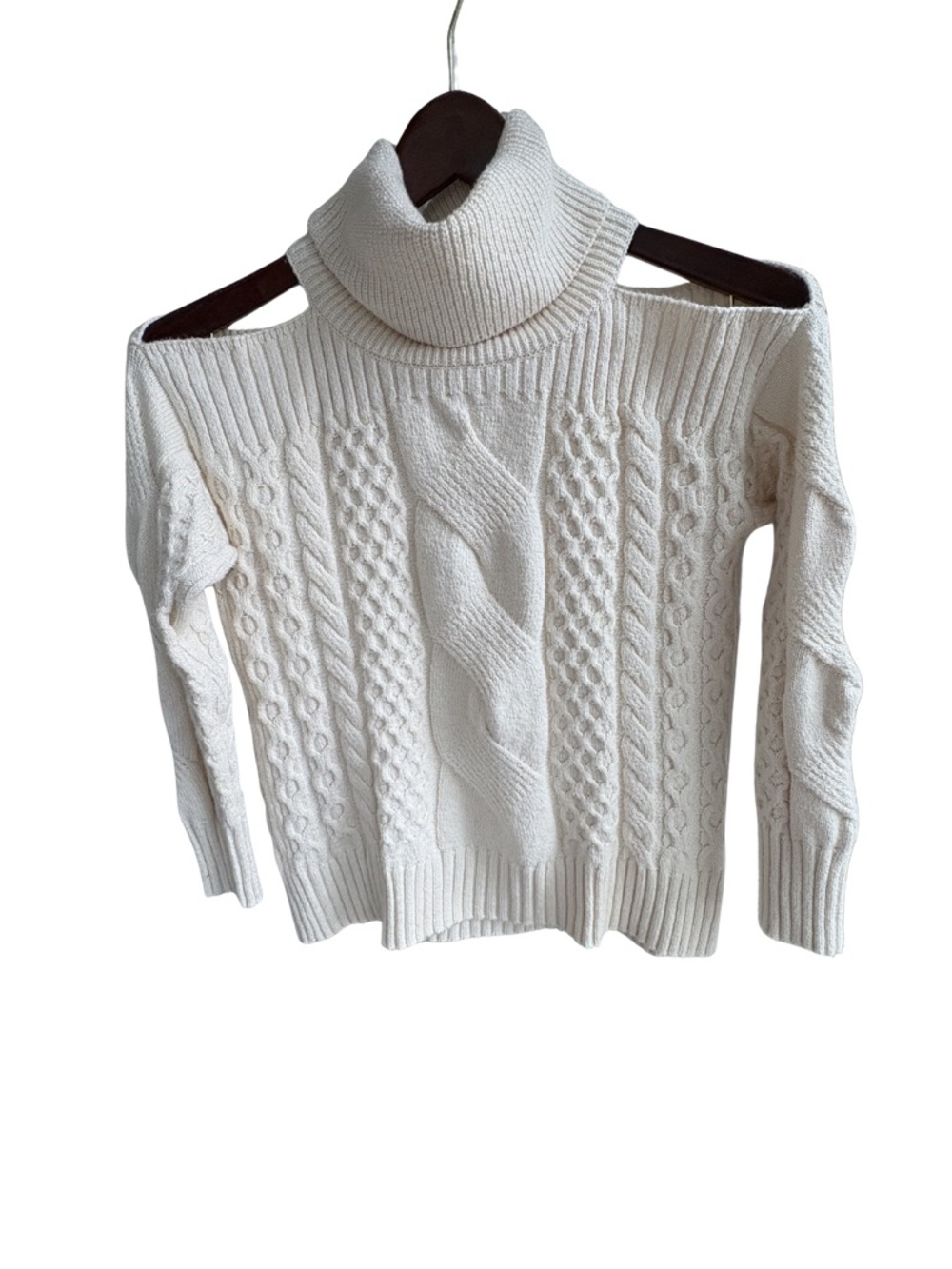 Anthropologie Cream Cable-Knit Cold-Shoulder Turtleneck Sweater, XS Coastal Boho - Picture 2 of 7